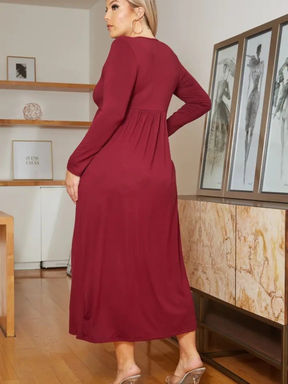 Women’s Long Sleeve Maxi Dress in Burgundy - Picture 3 of 5